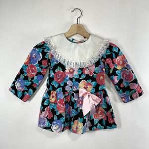 Vintage Roanna Toddler Girls 3T Floral Dress Long Sleeve Lace Bib Collar Bow